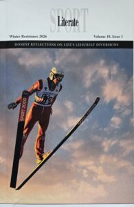 Cover of the winter issue of Sport Literate Magazine showing a man dressed in ski attire attempting a ski jump.